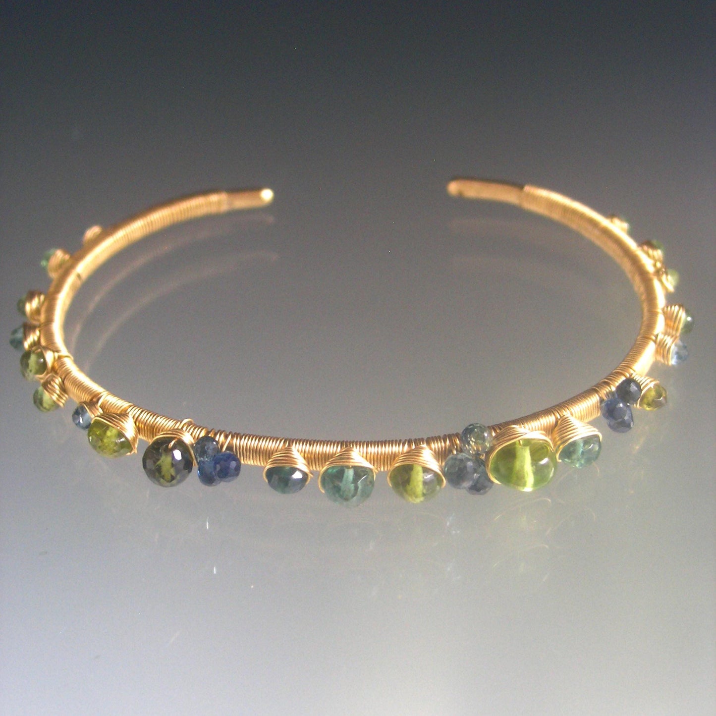 14k Solid Gold Sapphire Tsavorite Gemstone Cuff