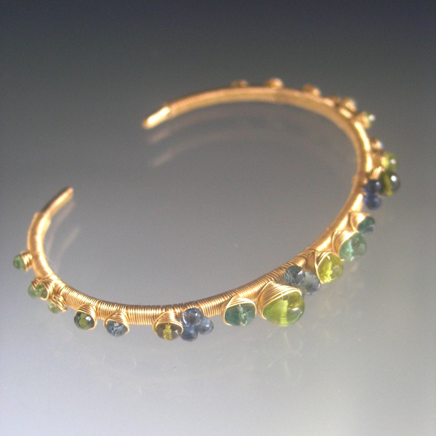 14k Solid Gold Sapphire Tsavorite Gemstone Cuff