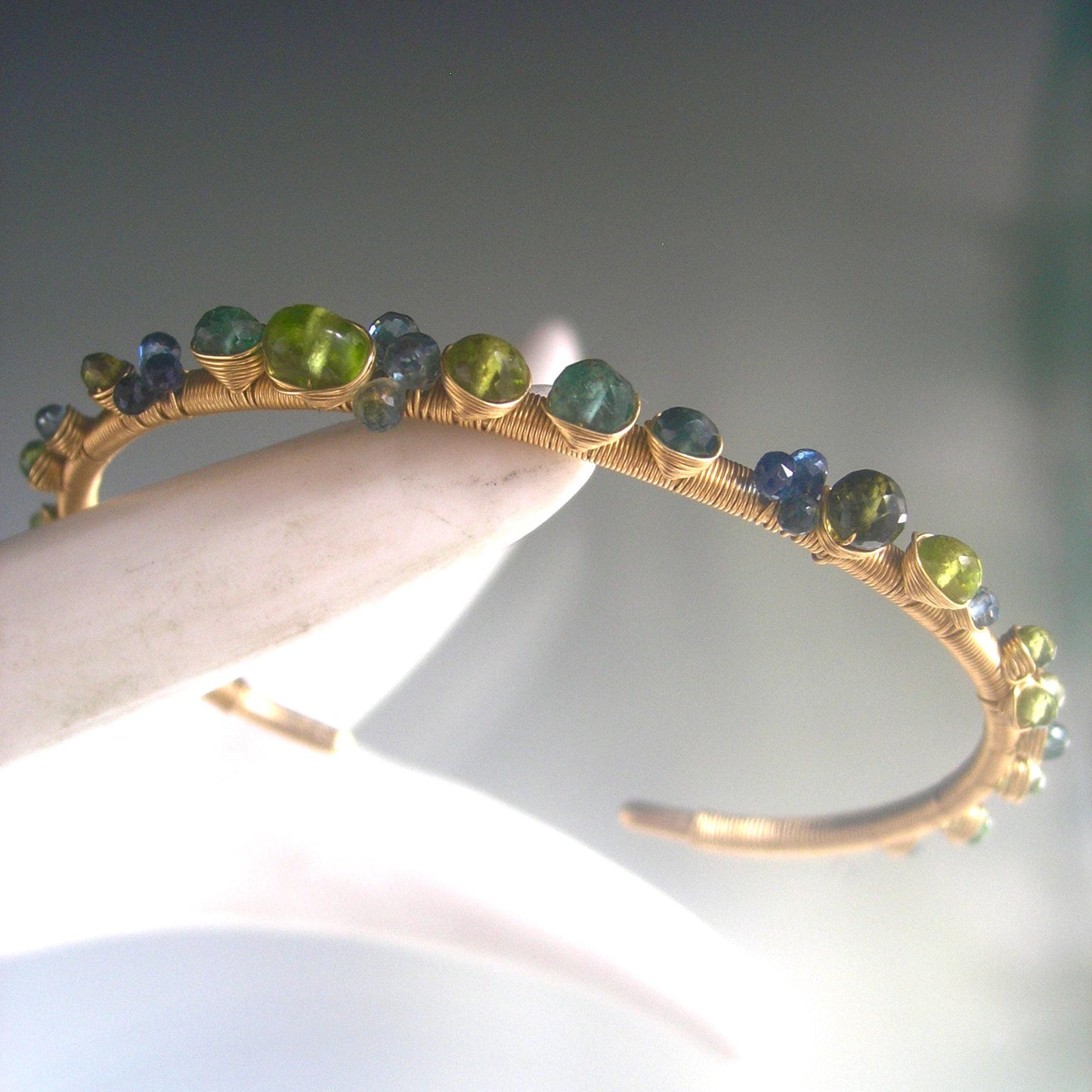 14k Solid Gold Sapphire Tsavorite Gemstone Cuff