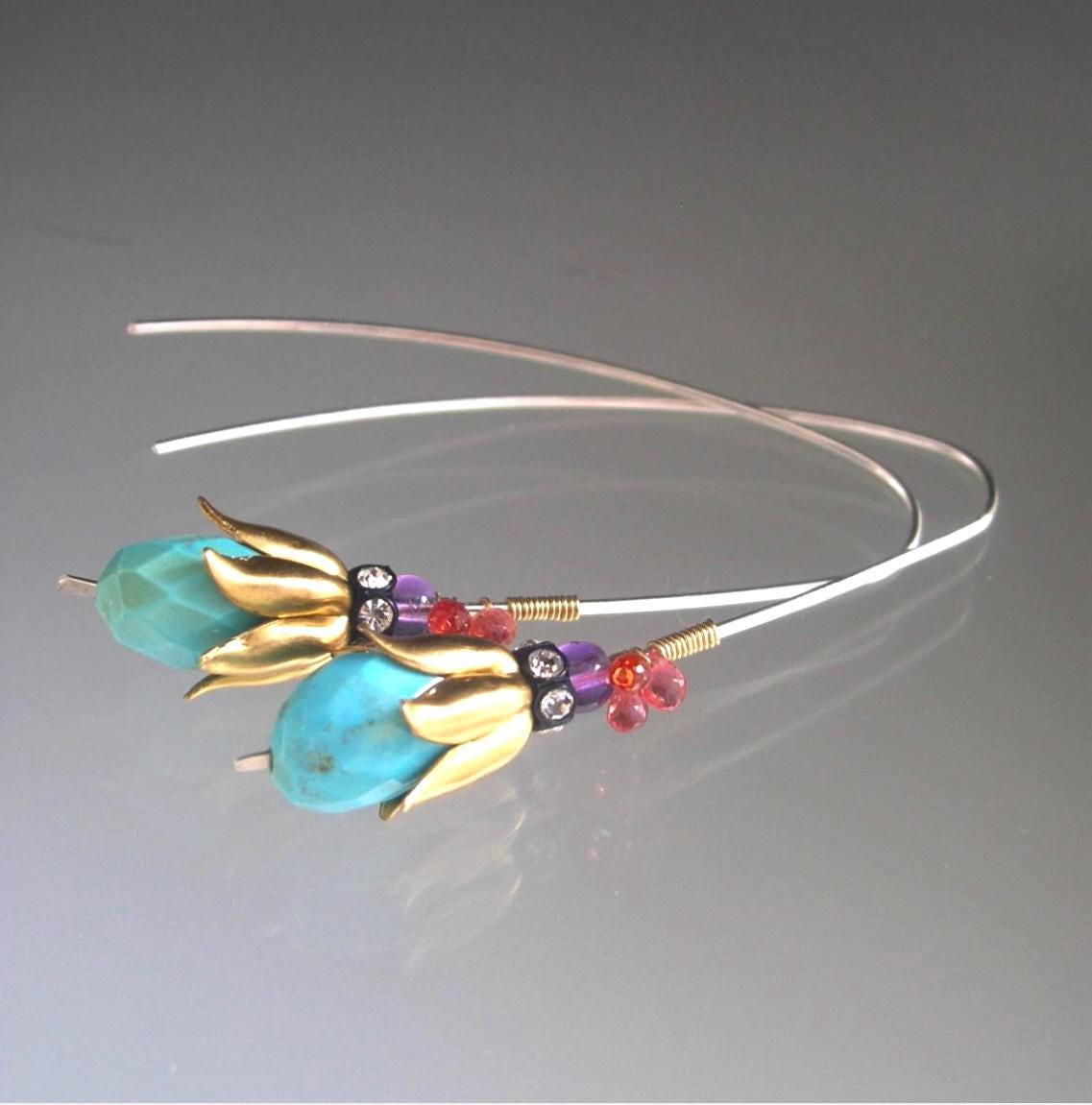 Turquoise Earrings Mixed Elements Earrings 2 1/8”