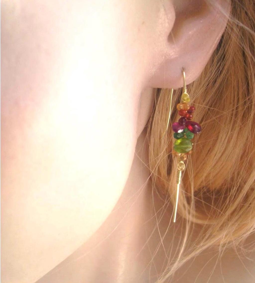 14k Gold Filled Sapphire and Vesuvianite Linear Earrings