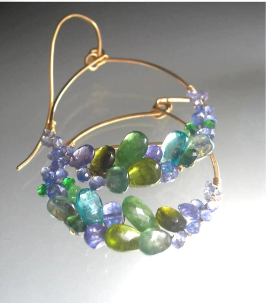 Green Blue Gemstone 14K Gold Filled Hoops