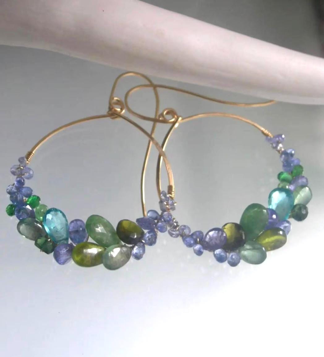 Green Blue Gemstone 14K Gold Filled Hoops