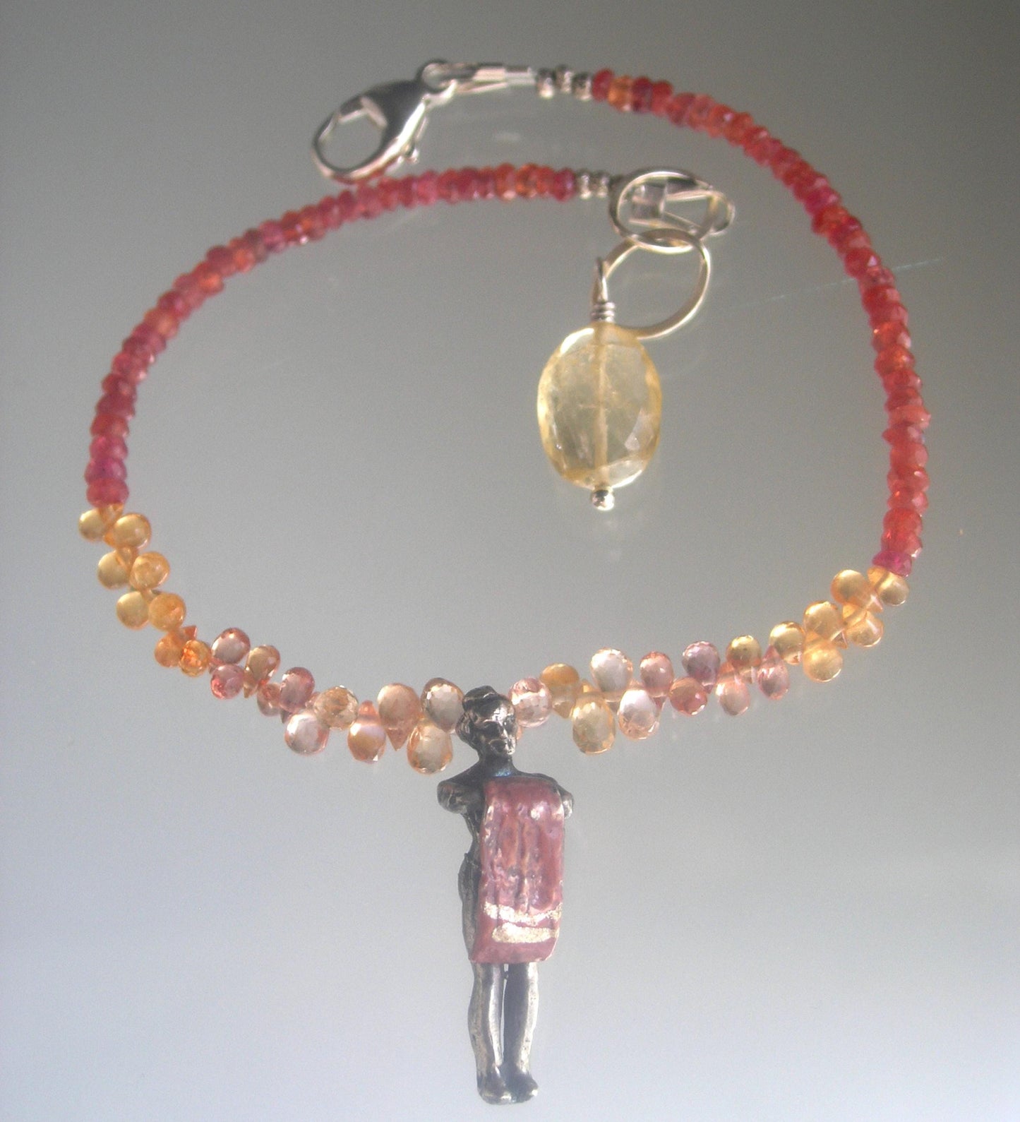 Padparadscha Sapphire Bracelet w/ Vintage Sterling Woman Movable Towel Charm
