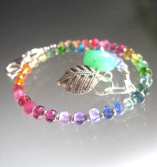 Silver Rainbow Gemstone Bracelet w/ Charms