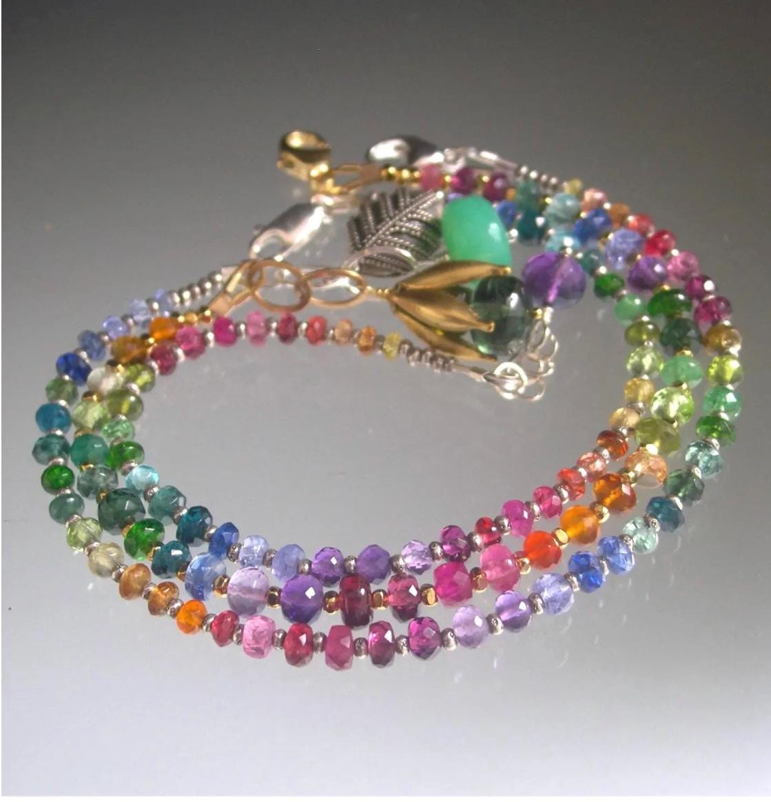 Silver Rainbow Gemstone Bracelet w/ Charms