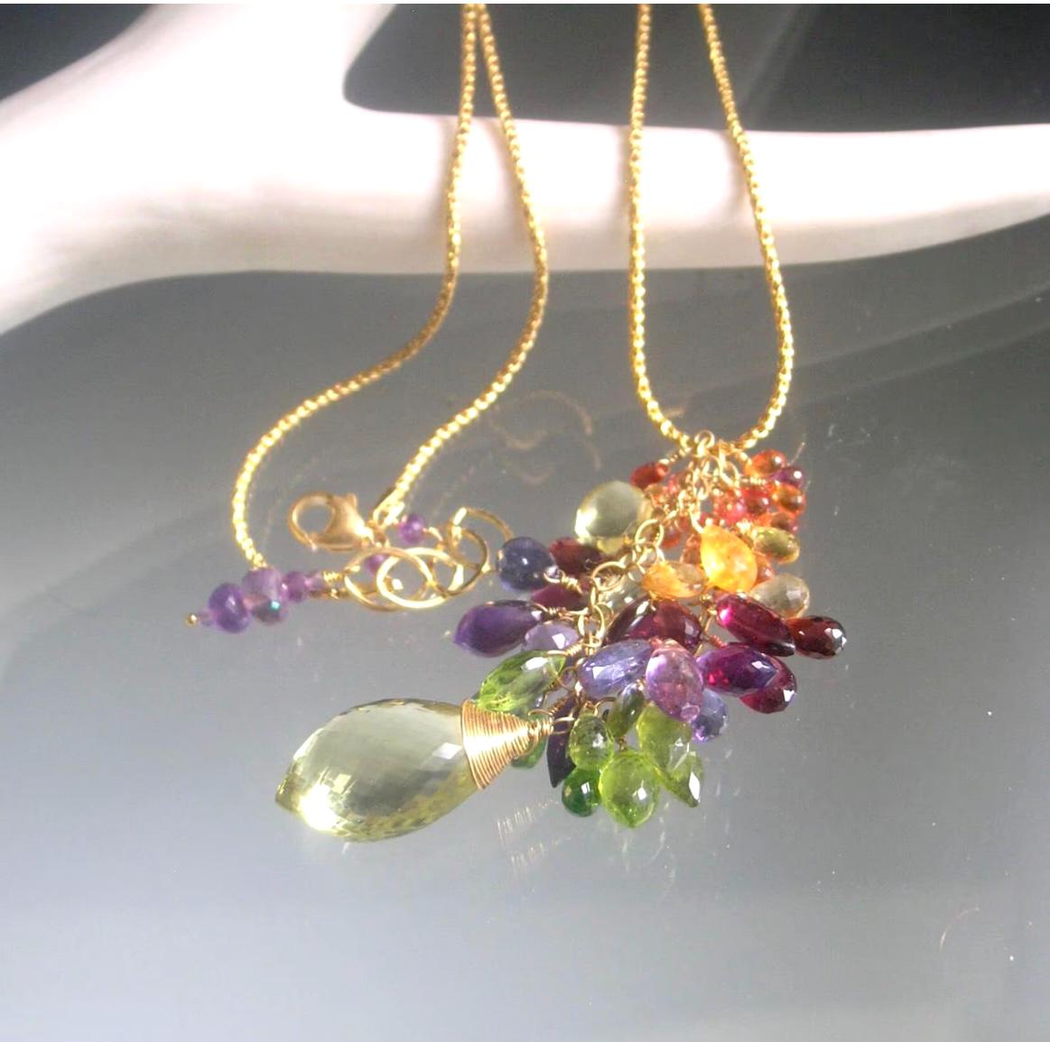 Rainbow Gemstone Tassel Pendant Necklace in 14kmGold,Fill