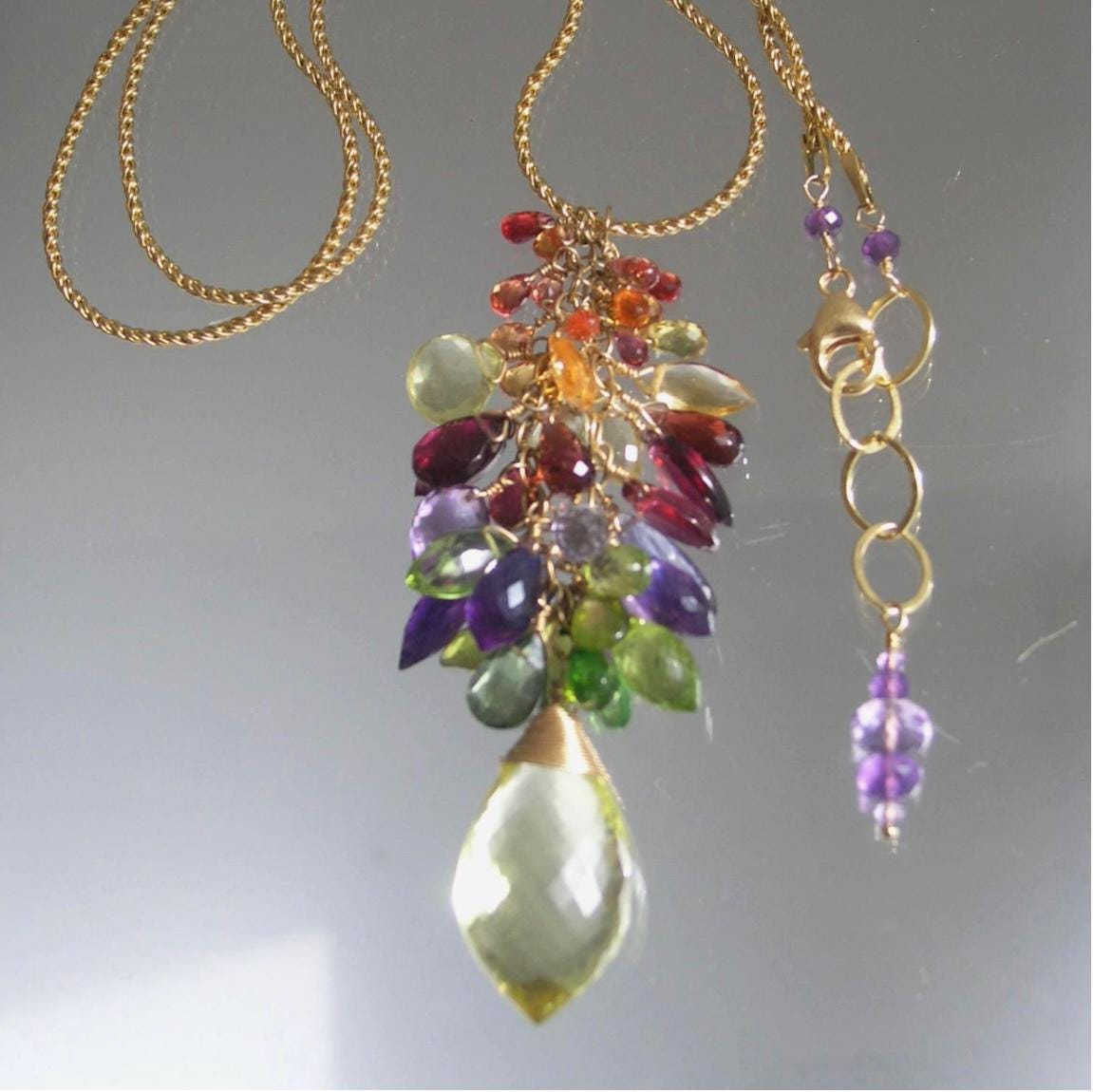 Rainbow Gemstone Tassel Pendant Necklace in 14kmGold,Fill