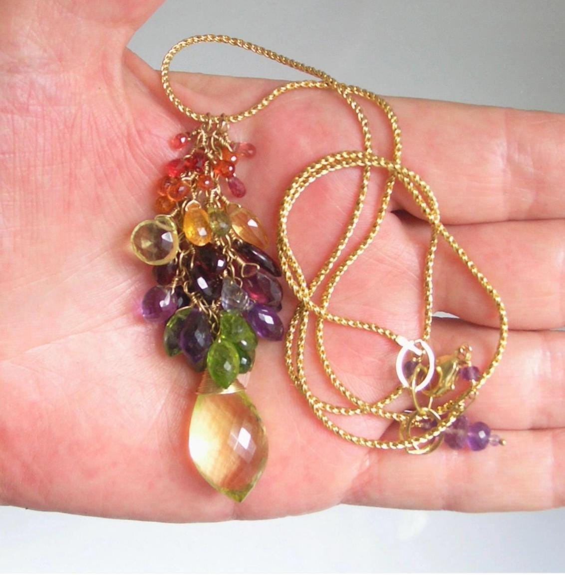 Rainbow Gemstone Tassel Pendant Necklace in 14kmGold,Fill