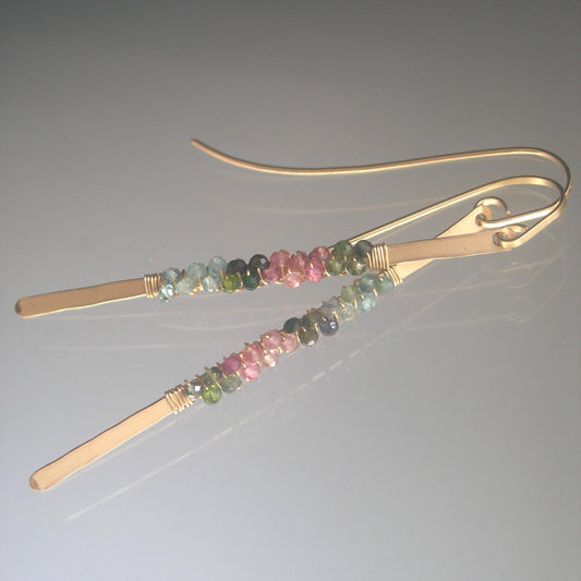 Linear Tourmaline 14k Gold Filled Hand Forged Earrings