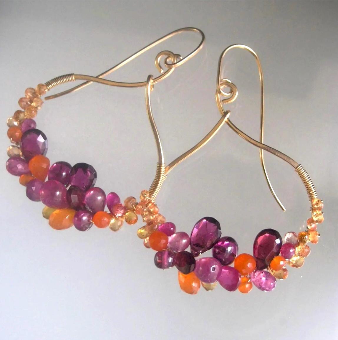 Sculptural Magenta Orange Sapphire Hoop Earrings in 14k Gold Fill