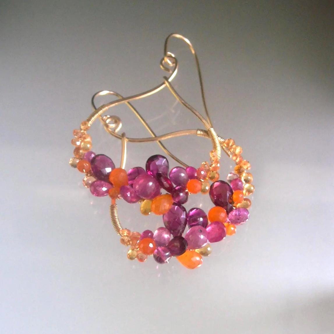 Sculptural Magenta Orange Sapphire Hoop Earrings in 14k Gold Fill