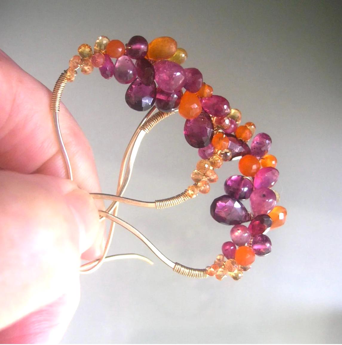Sculptural Magenta Orange Sapphire Hoop Earrings in 14k Gold Fill