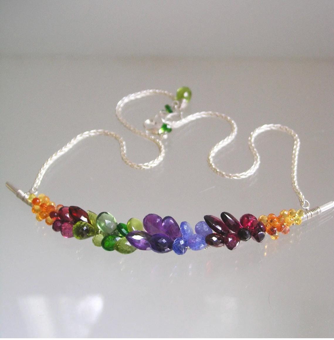 Rainbow Gemstone Curved Bar Necklace in  Sterling Silver