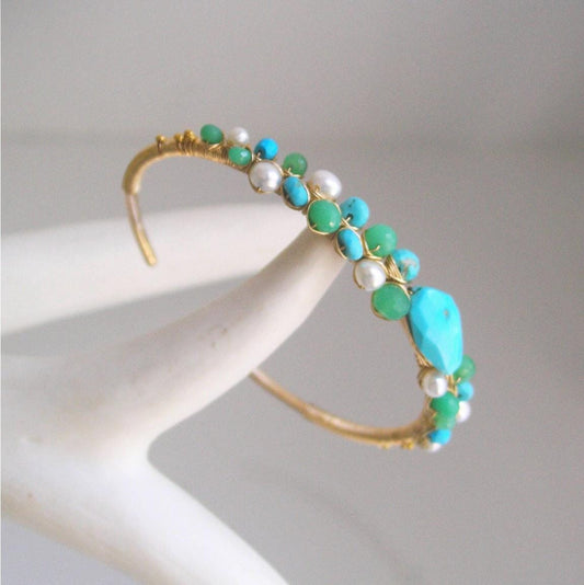 Turquoise 14k Gold Filled Cuff w/ Chrysoprase and Pearls