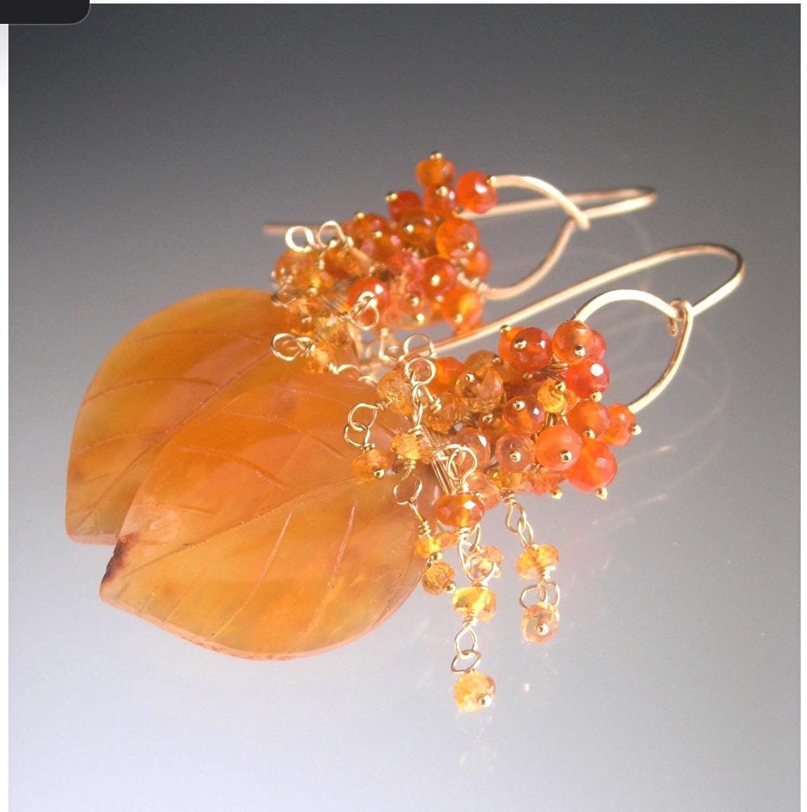 Carnelian Leaf Earrings w/ Orange Sapphire Cascades