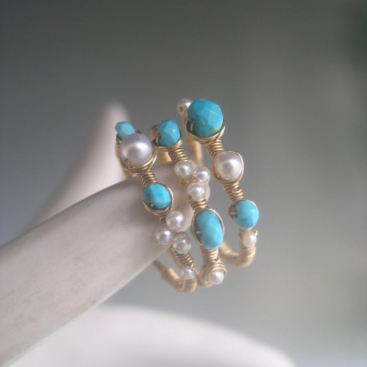 Turquoise Pearl 14k Gold Filled Wraparound Ring 7 1/2”