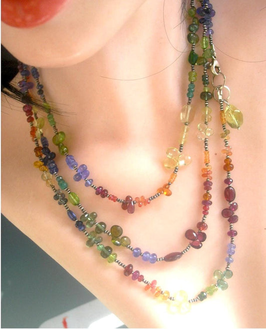 Multi Gemstone 60” Wraparound Necklace in Sterling Silver