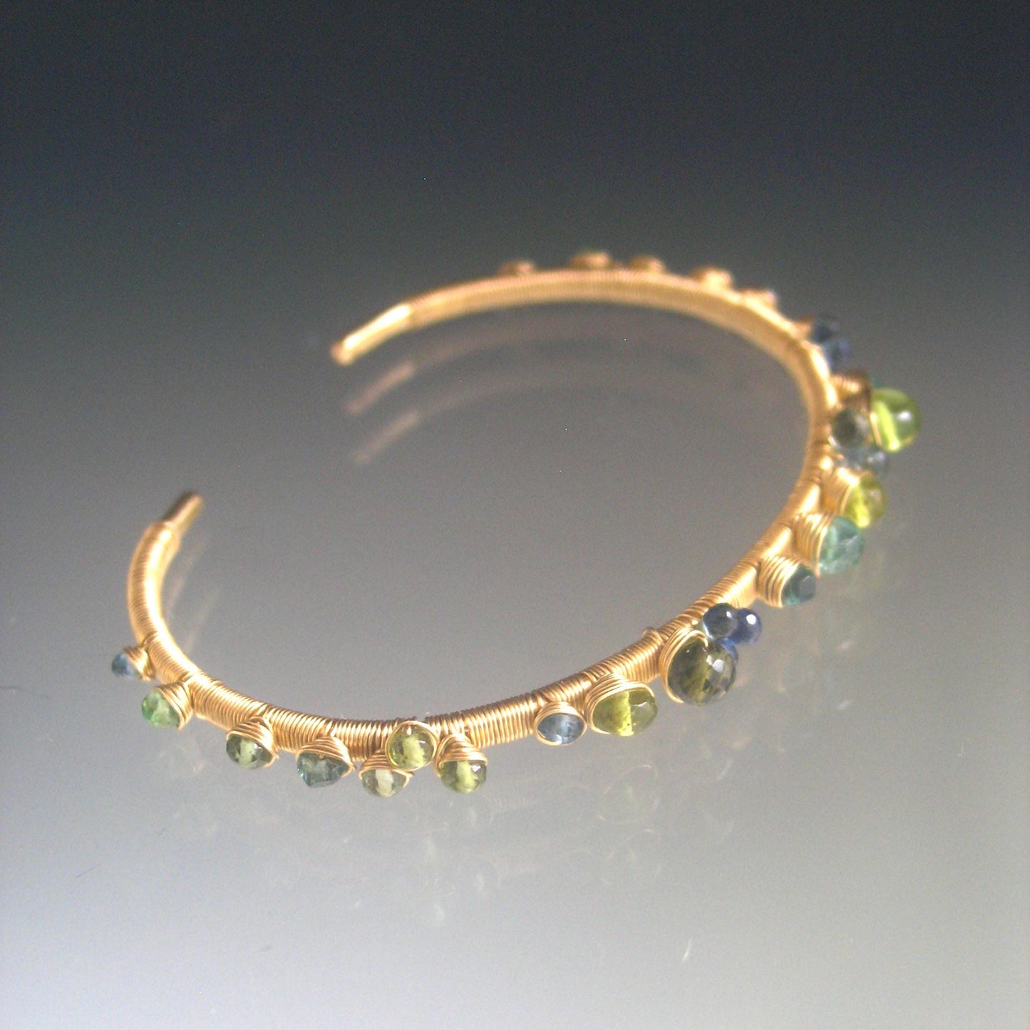 14k Solid Gold Sapphire Tsavorite Gemstone Cuff