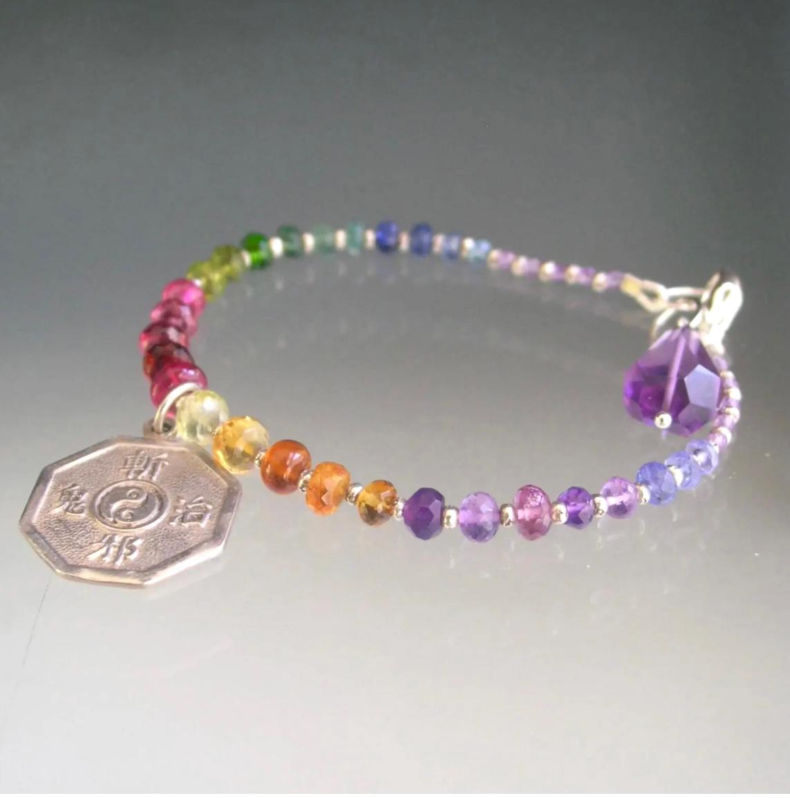 Rainbow Beaded Bracelet w/ Yin Yang Vintage Sterling Charm