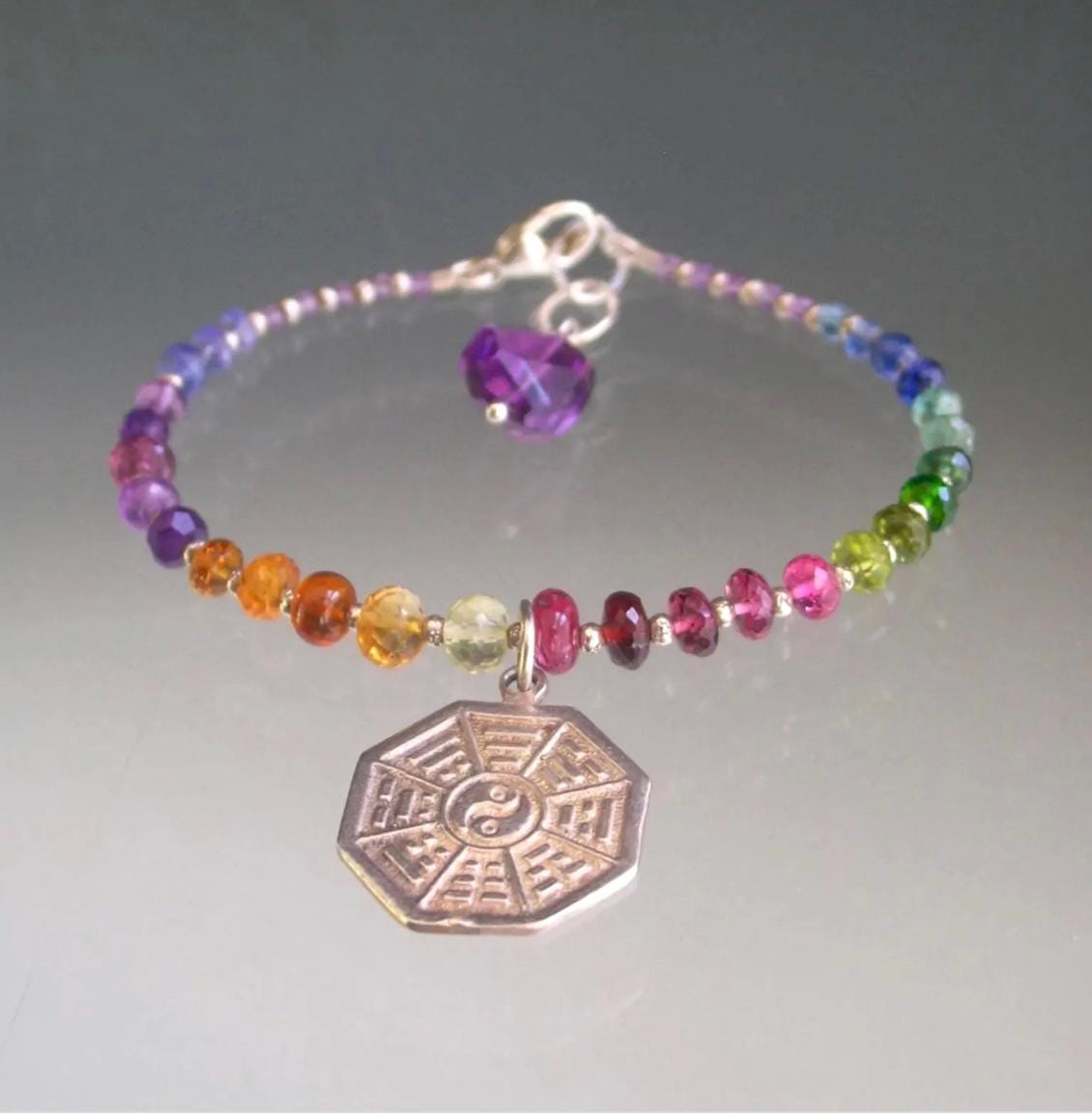Rainbow Beaded Bracelet w/ Yin Yang Vintage Sterling Charm