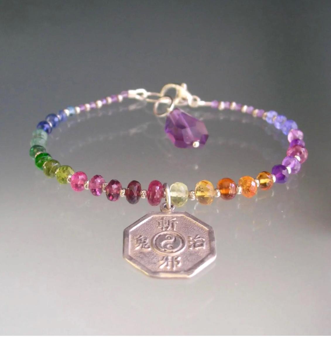 Rainbow Beaded Bracelet w/ Yin Yang Vintage Sterling Charm