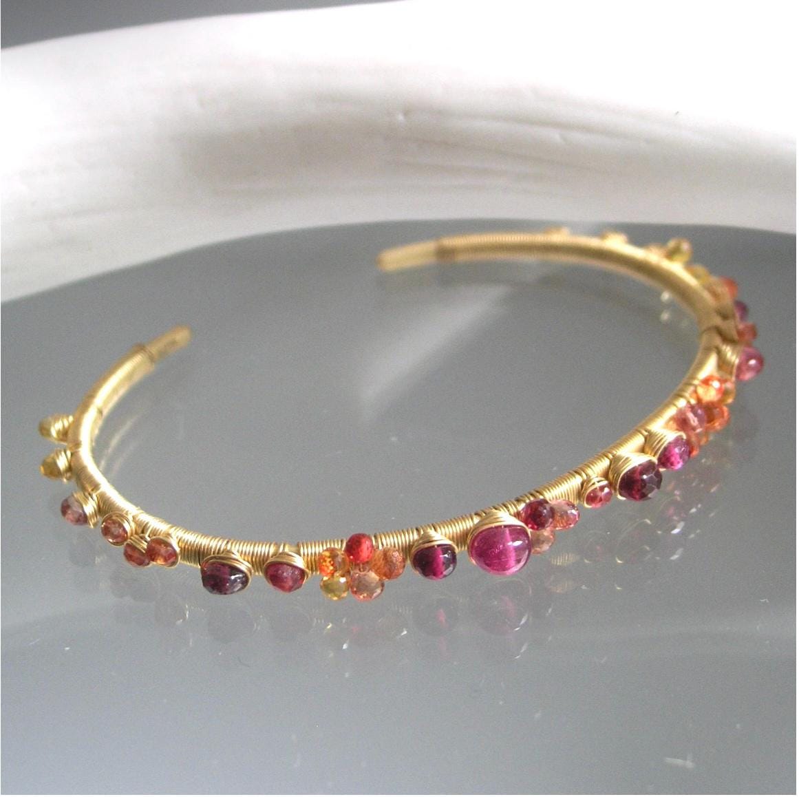 14k Solid Gold Ruby Sapphire Gemstone Cuff