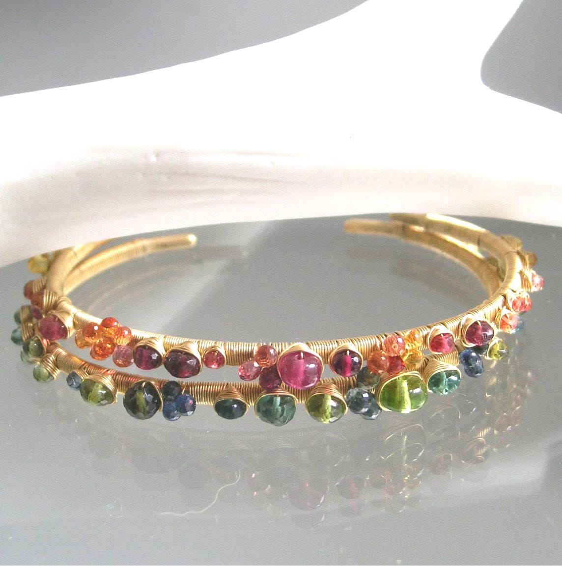 14k Solid Gold Ruby Sapphire Gemstone Cuff