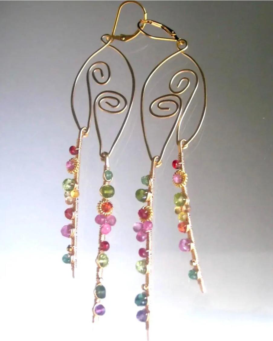 Sculptural Gemstone 14kmGold Filled Earrings 4 3/8”