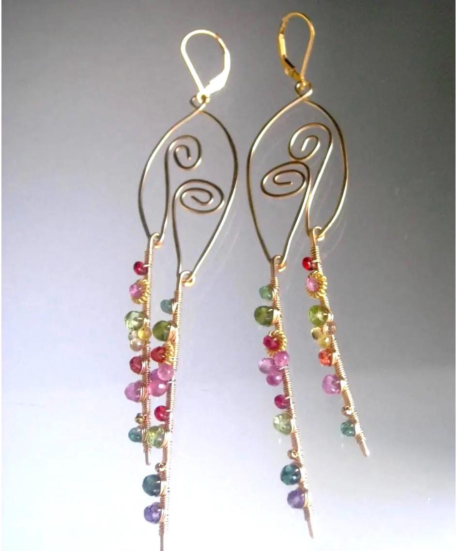 Sculptural Gemstone 14kmGold Filled Earrings 4 3/8”