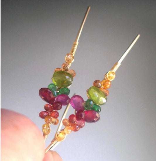 14k Gold Filled Sapphire and Vesuvianite Linear Earrings
