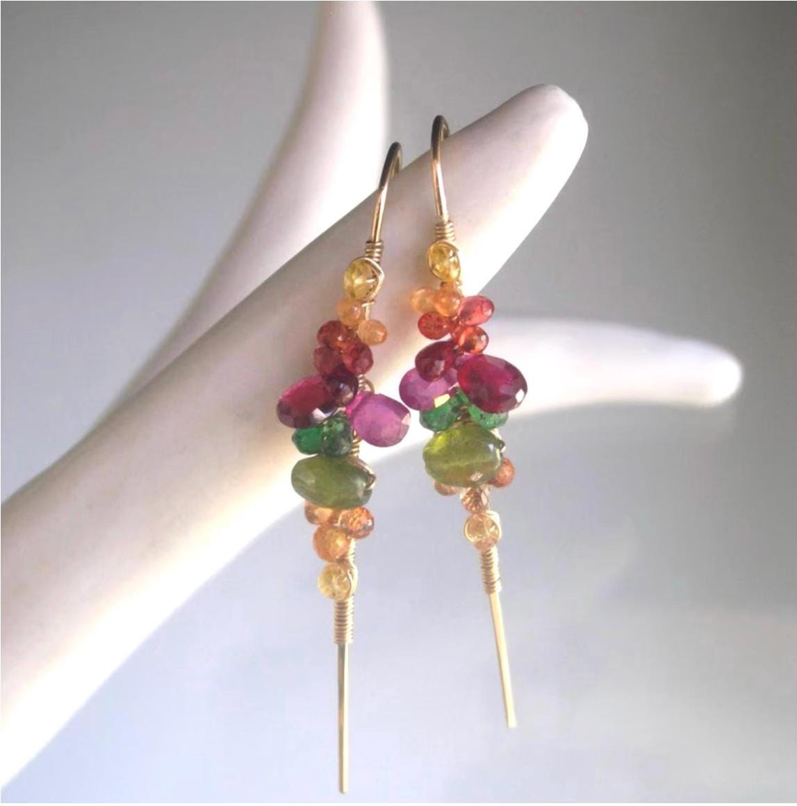 14k Gold Filled Sapphire and Vesuvianite Linear Earrings