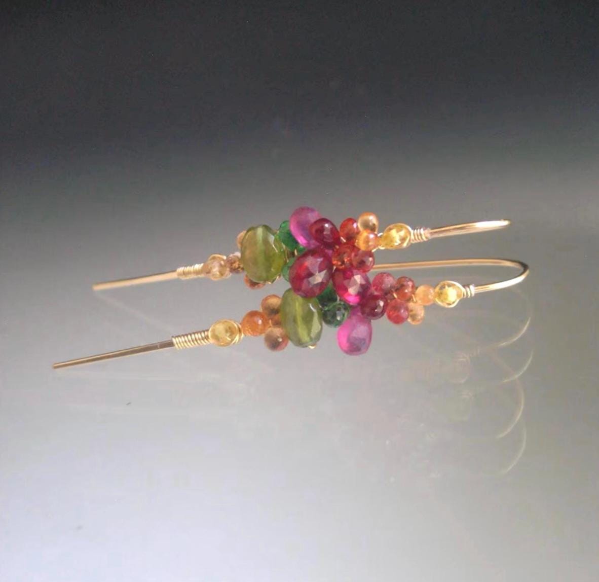 14k Gold Filled Sapphire and Vesuvianite Linear Earrings