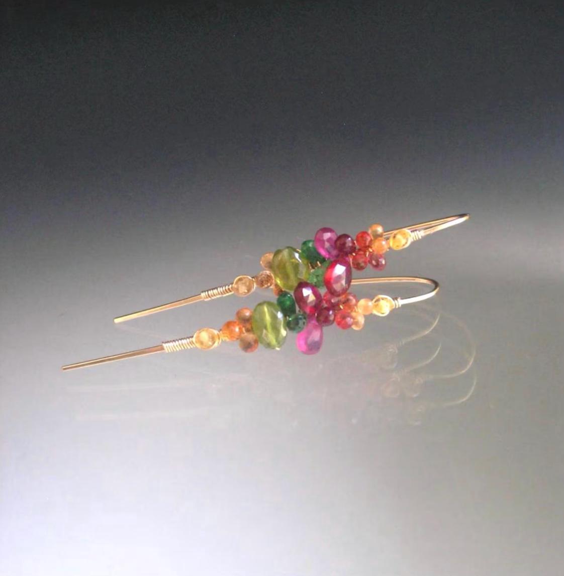 14k Gold Filled Sapphire and Vesuvianite Linear Earrings