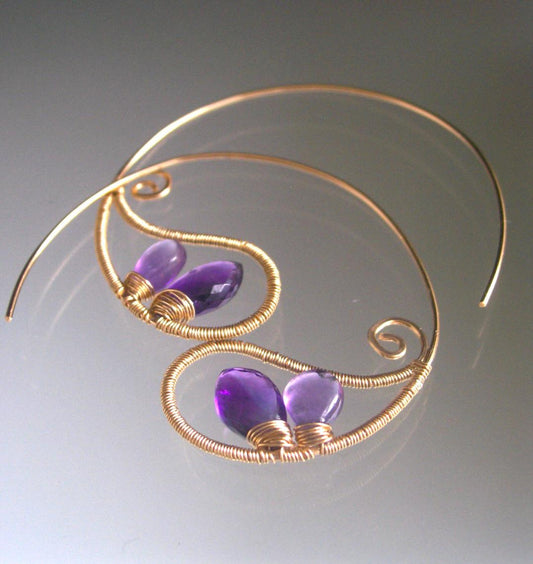 Amethyst Paisley 14k Gold Filled Hoops 2”