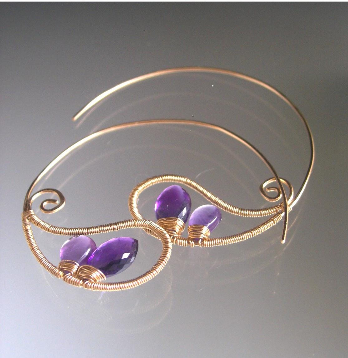 Amethyst Paisley 14k Gold Filled Hoops 2”
