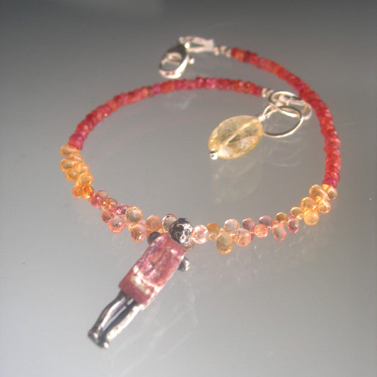 Padparadscha Sapphire Bracelet w/ Vintage Sterling Woman Movable Towel Charm