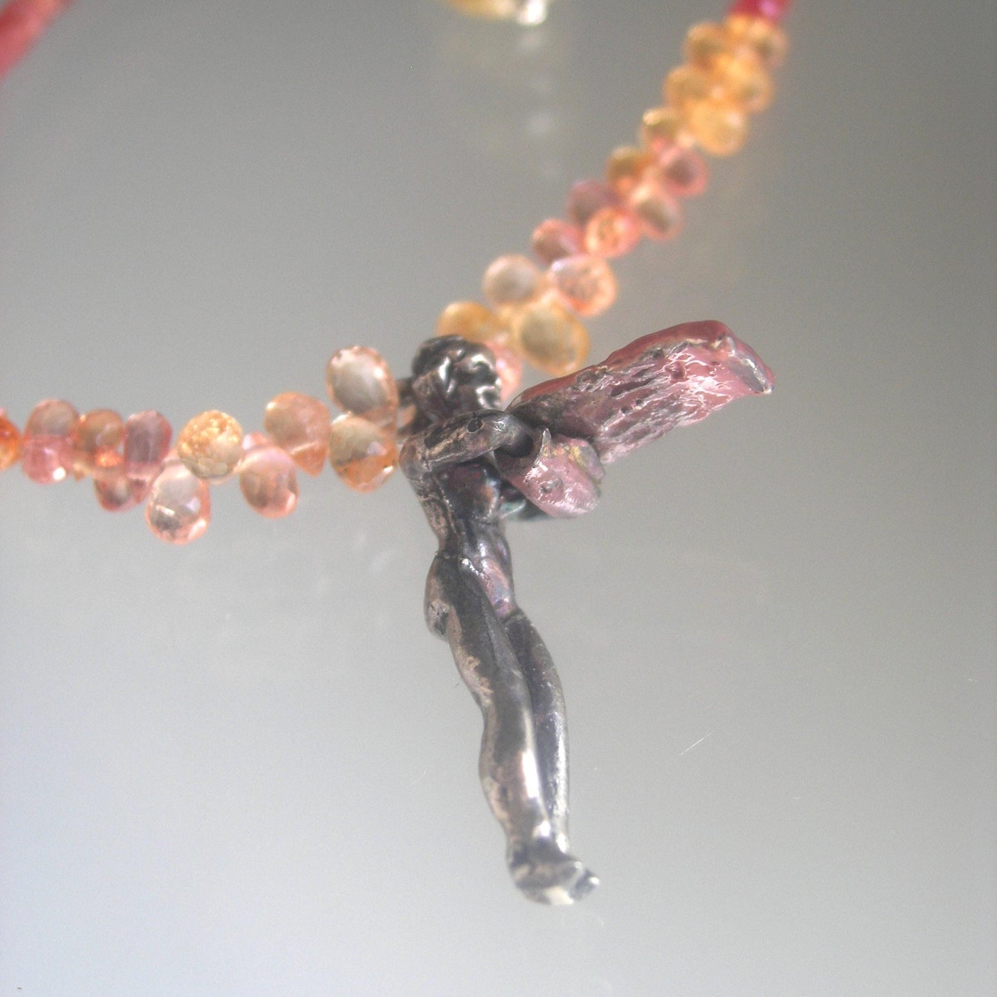 Padparadscha Sapphire Bracelet w/ Vintage Sterling Woman Movable Towel Charm