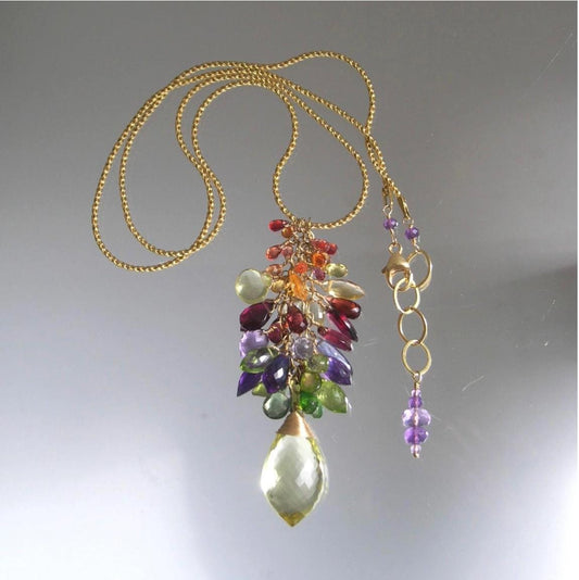 Rainbow Gemstone Tassel Pendant Necklace in 14kmGold,Fill