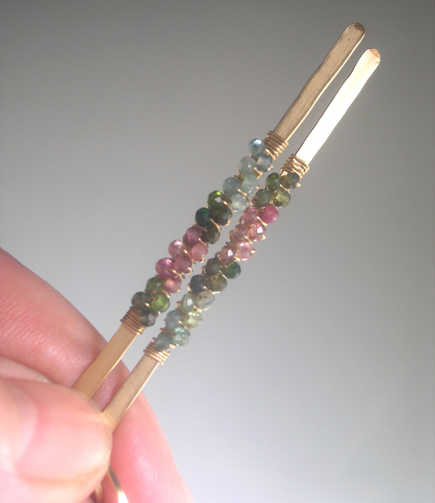 Linear Tourmaline 14k Gold Filled Hand Forged Earrings