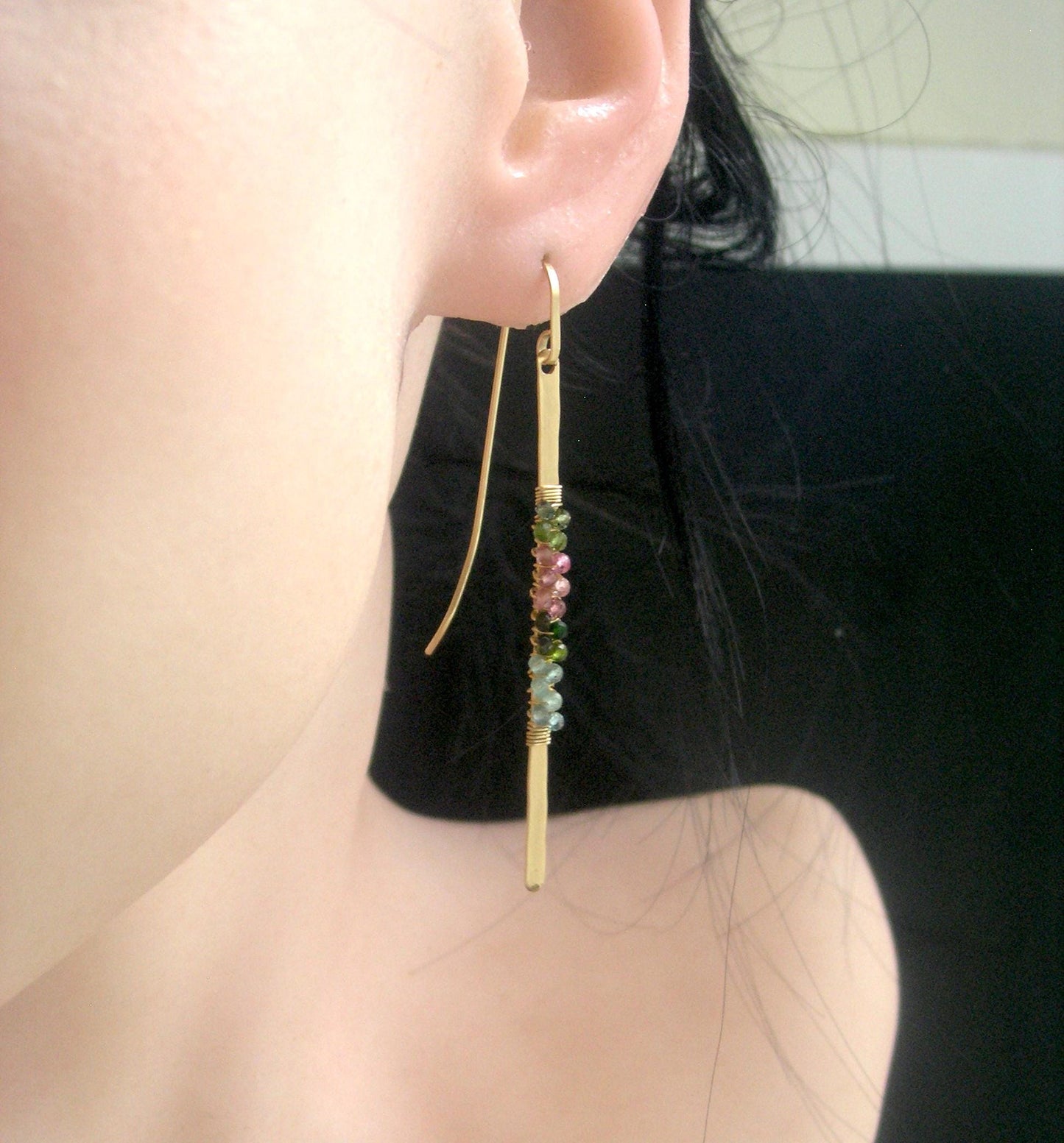 Linear Tourmaline 14k Gold Filled Hand Forged Earrings