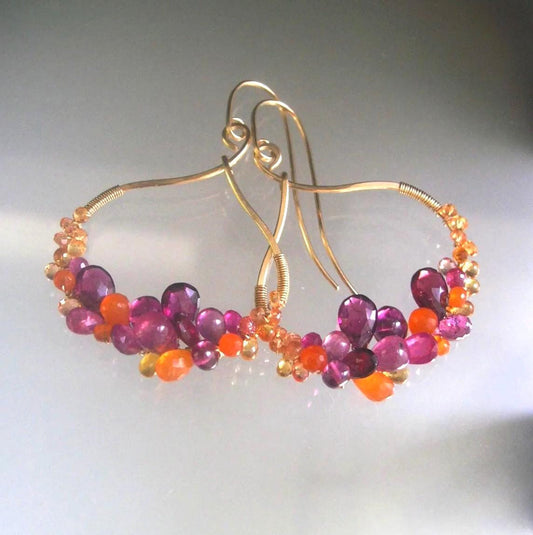 Sculptural Magenta Orange Sapphire Hoop Earrings in 14k Gold Fill