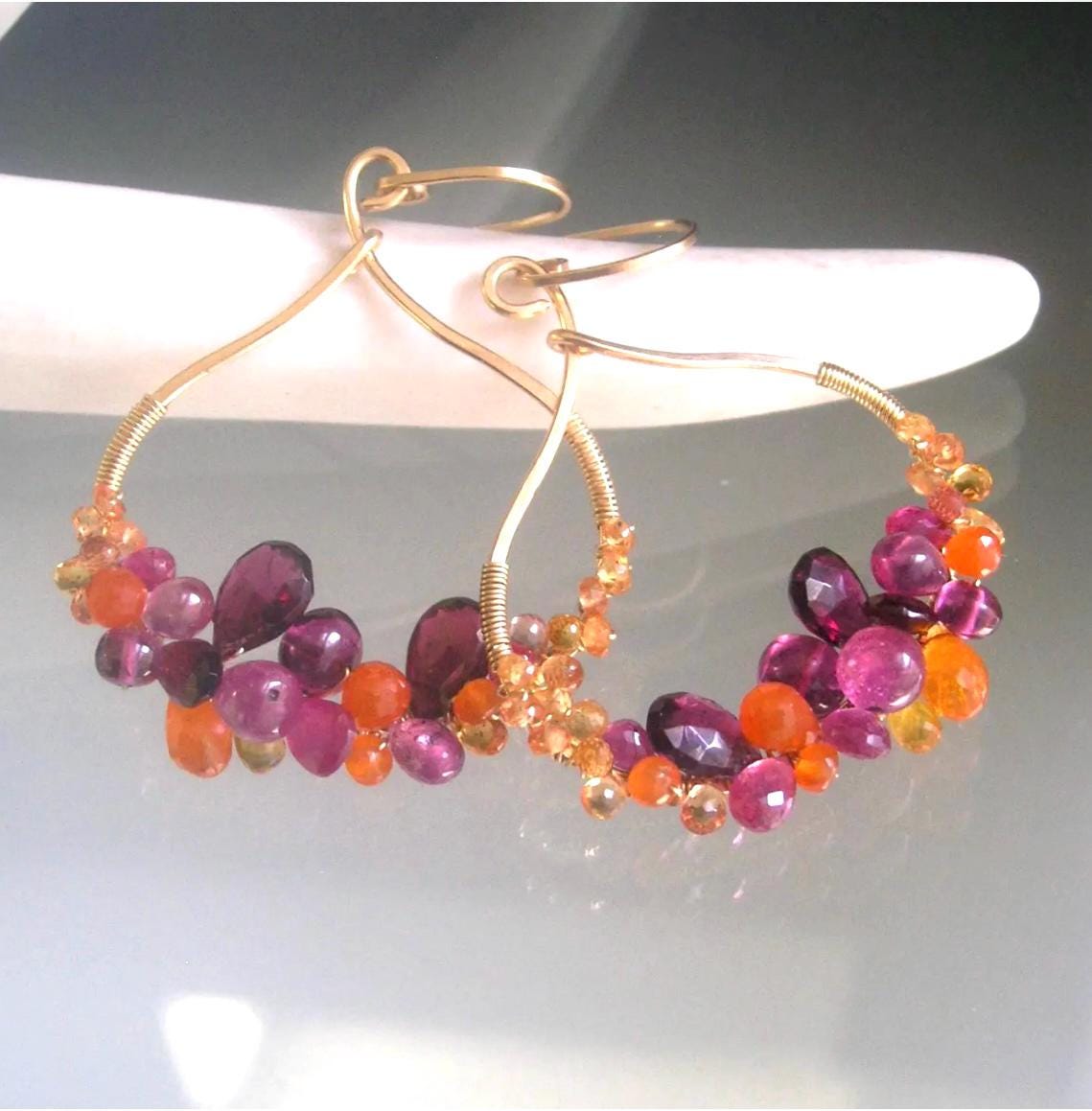 Sculptural Magenta Orange Sapphire Hoop Earrings in 14k Gold Fill