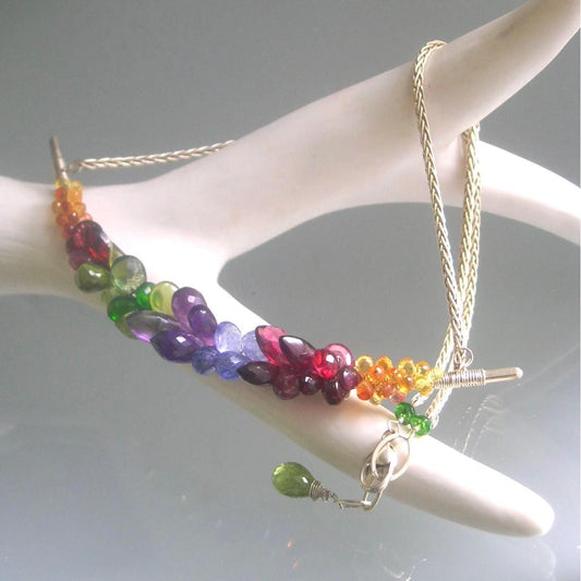 Rainbow Gemstone Curved Bar Necklace in  Sterling Silver
