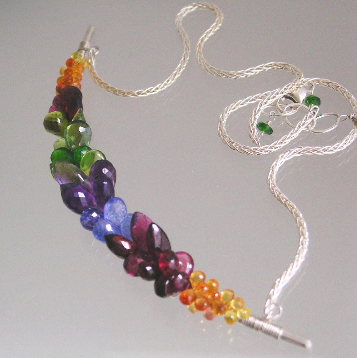 Rainbow Gemstone Curved Bar Necklace in  Sterling Silver