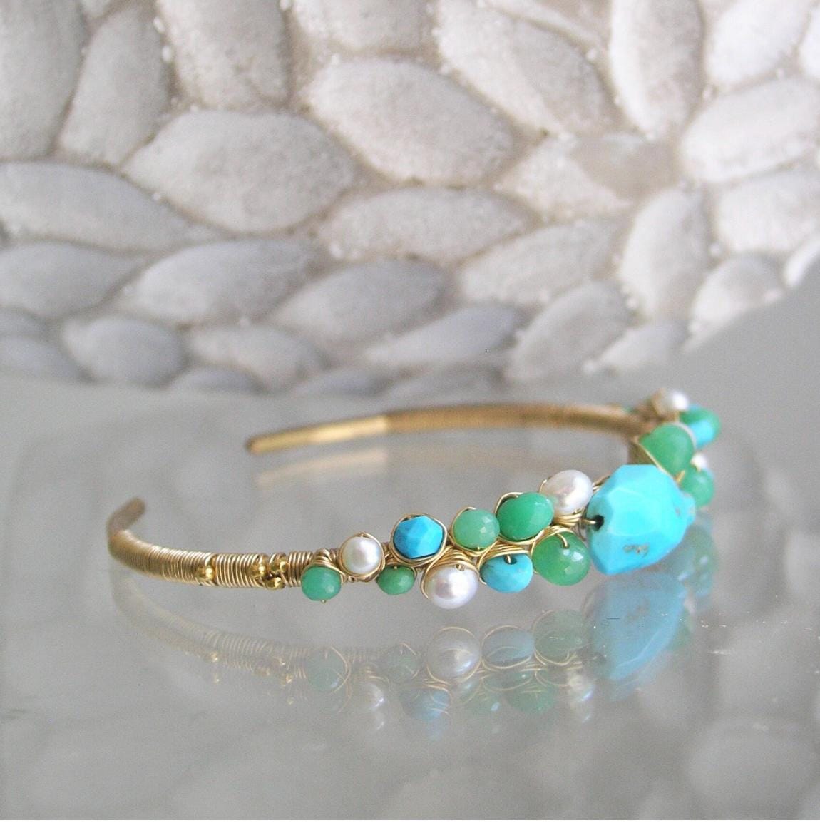Turquoise 14k Gold Filled Cuff w/ Chrysoprase and Pearls