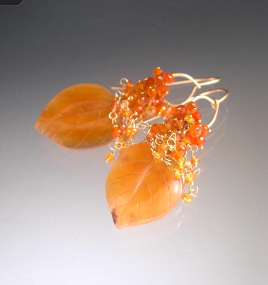 Carnelian Leaf Earrings w/ Orange Sapphire Cascades