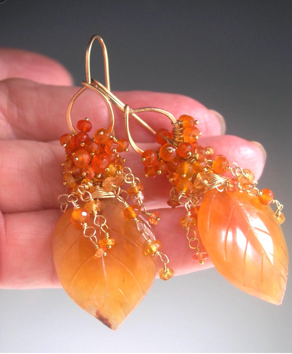 Carnelian Leaf Earrings w/ Orange Sapphire Cascades
