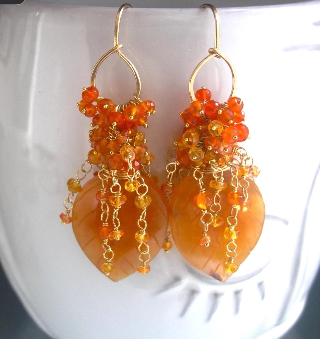 Carnelian Leaf Earrings w/ Orange Sapphire Cascades