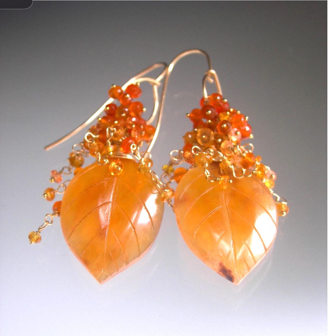 Carnelian Leaf Earrings w/ Orange Sapphire Cascades